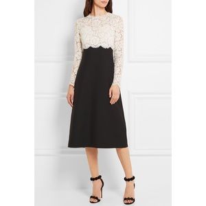 VALENTINO BLACK WHITE COTTON LACE CREPE MIDI DRESS
